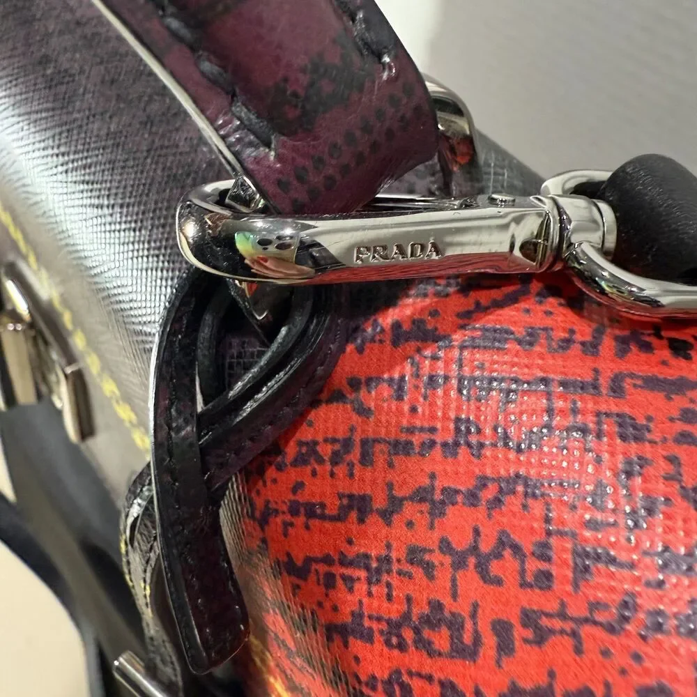 Prada Tessuto Nylon Saffiano Tartan Print Satchel - Red/Purple